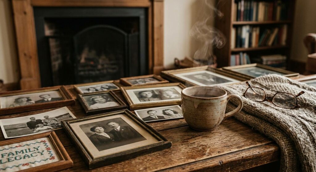 Ein dampfendes Teeglas auf einem Holztisch mit alten Schwarz-Weiß-Familienfotos, das Tradition und Erbe symbolisiert.