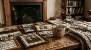 Ein dampfendes Teeglas auf einem Holztisch mit alten Schwarz-Weiß-Familienfotos, das Tradition und Erbe symbolisiert.
