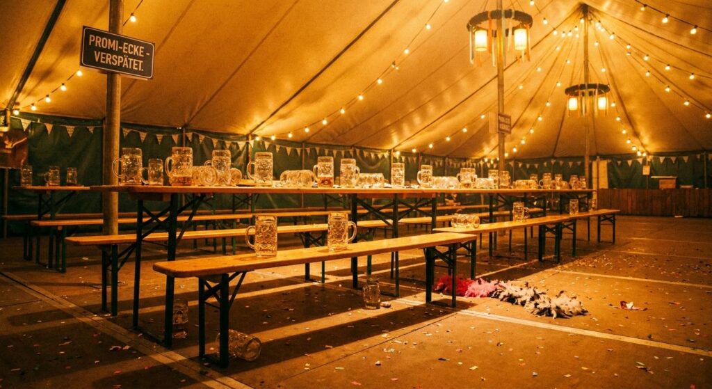 Leere Bierbank mit Maßkrügen in warmem Licht ohne Personen – symbolisch für HeidiFest-Verspätungen